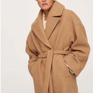 Mango wide lapel wool-blend coat camel colored.
